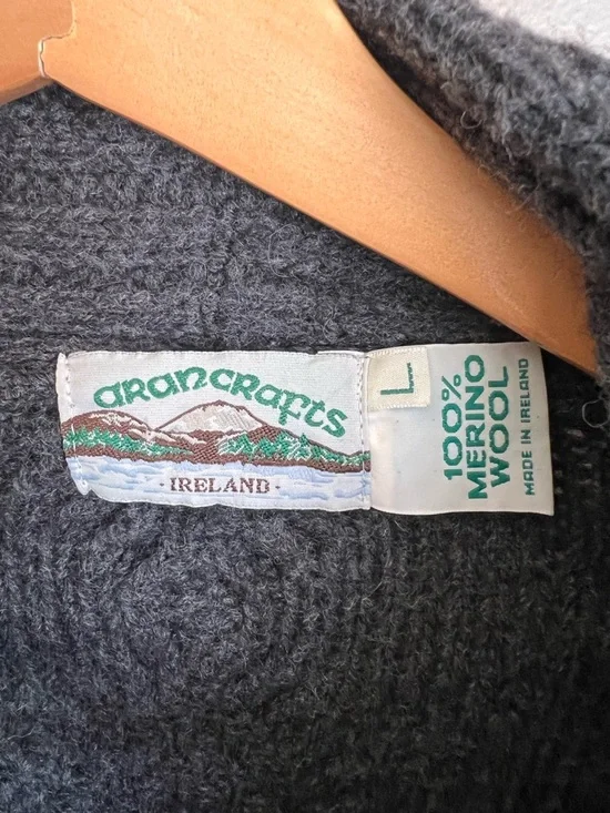 Aran Crafts Merino Wool Charcoal Cable Knit Shawl Collar Cardigan Sweater - Picture 3 of 7